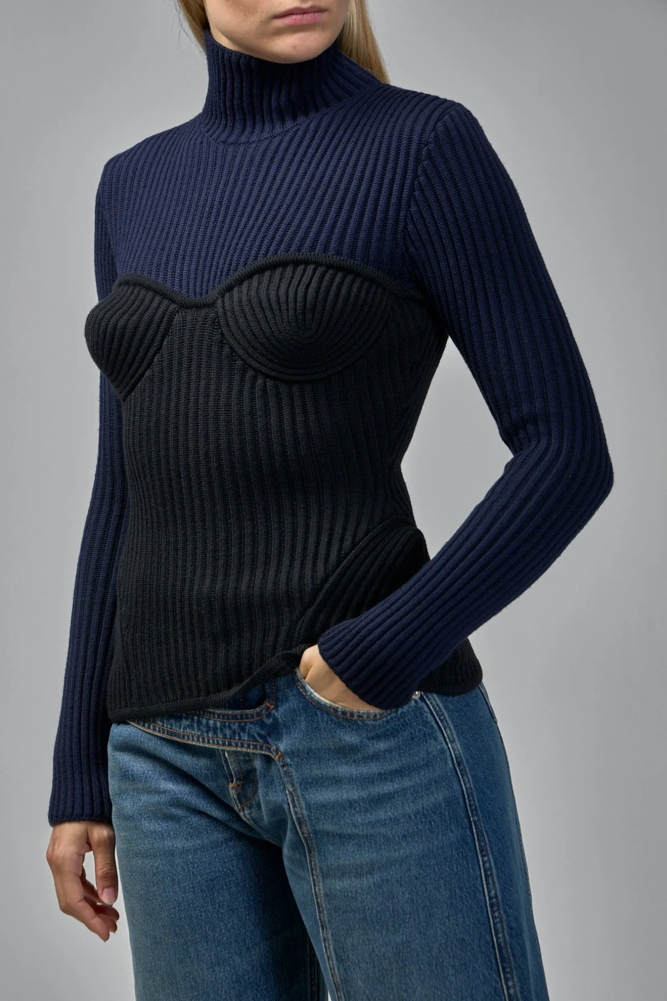 Stretch Merino Wool Ribbed High Neck Sweater - Image 4