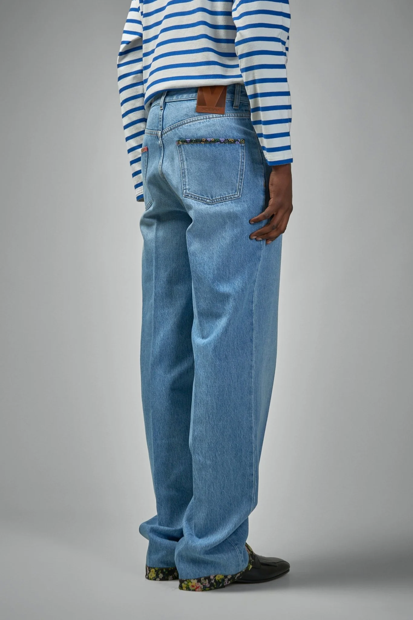 Denim Trousers with Floral Print Hem - Image 3