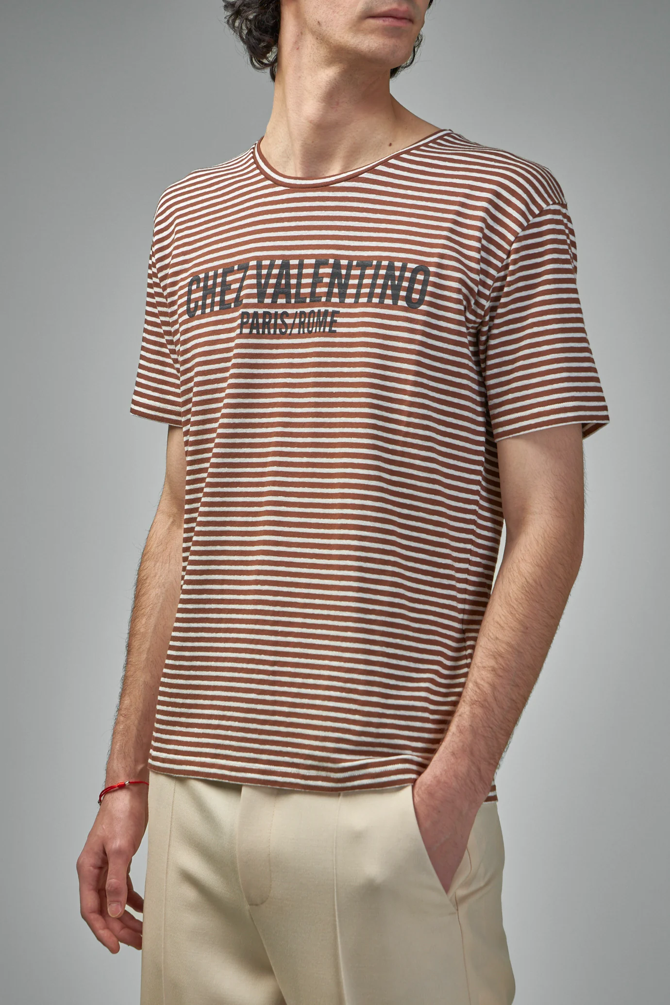 Striped Cotton T-Shirt with Chez Valentino Print - Image 4