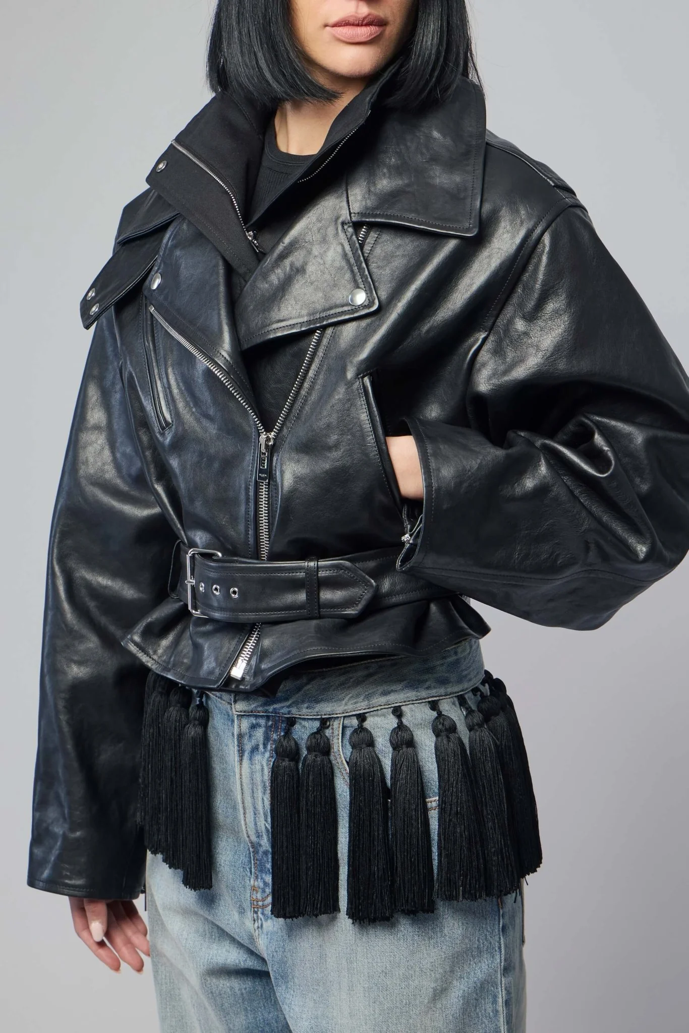 Layered Leather Biker Jacket - Image 3