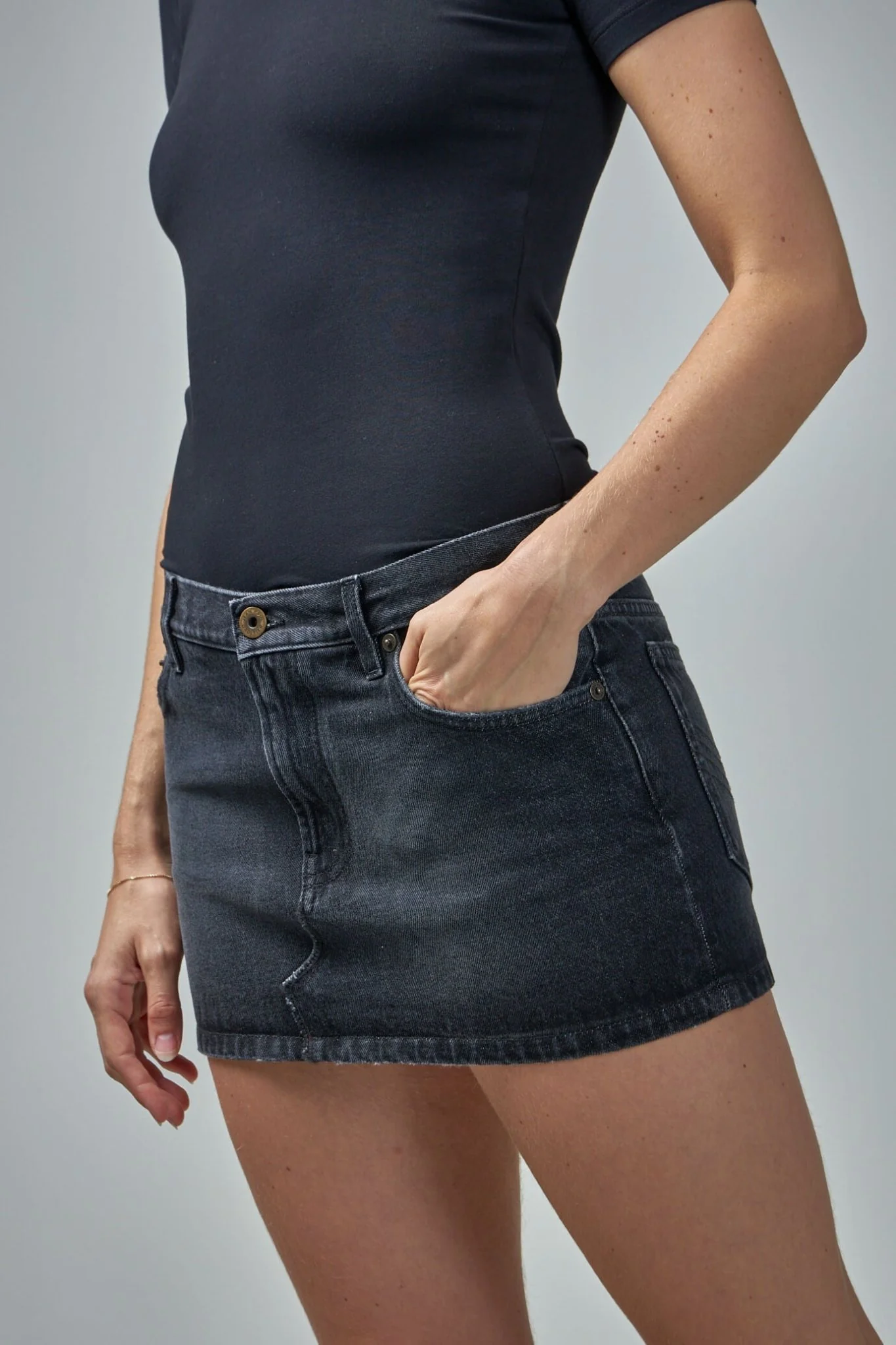 Denim Mini Skirt with Leather Pocket - Image 4
