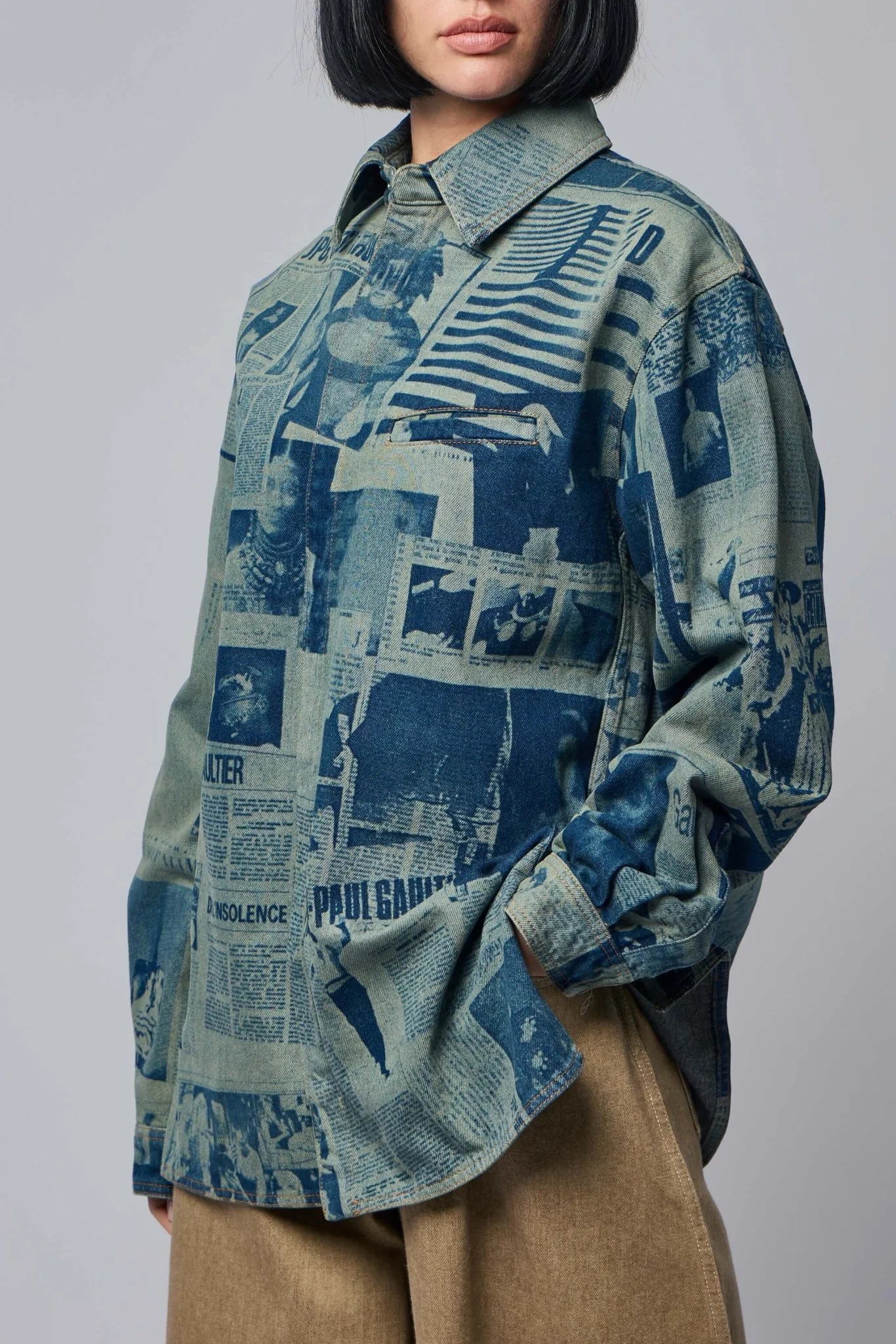 Denim Shirt with Newspaper Print - Image 4