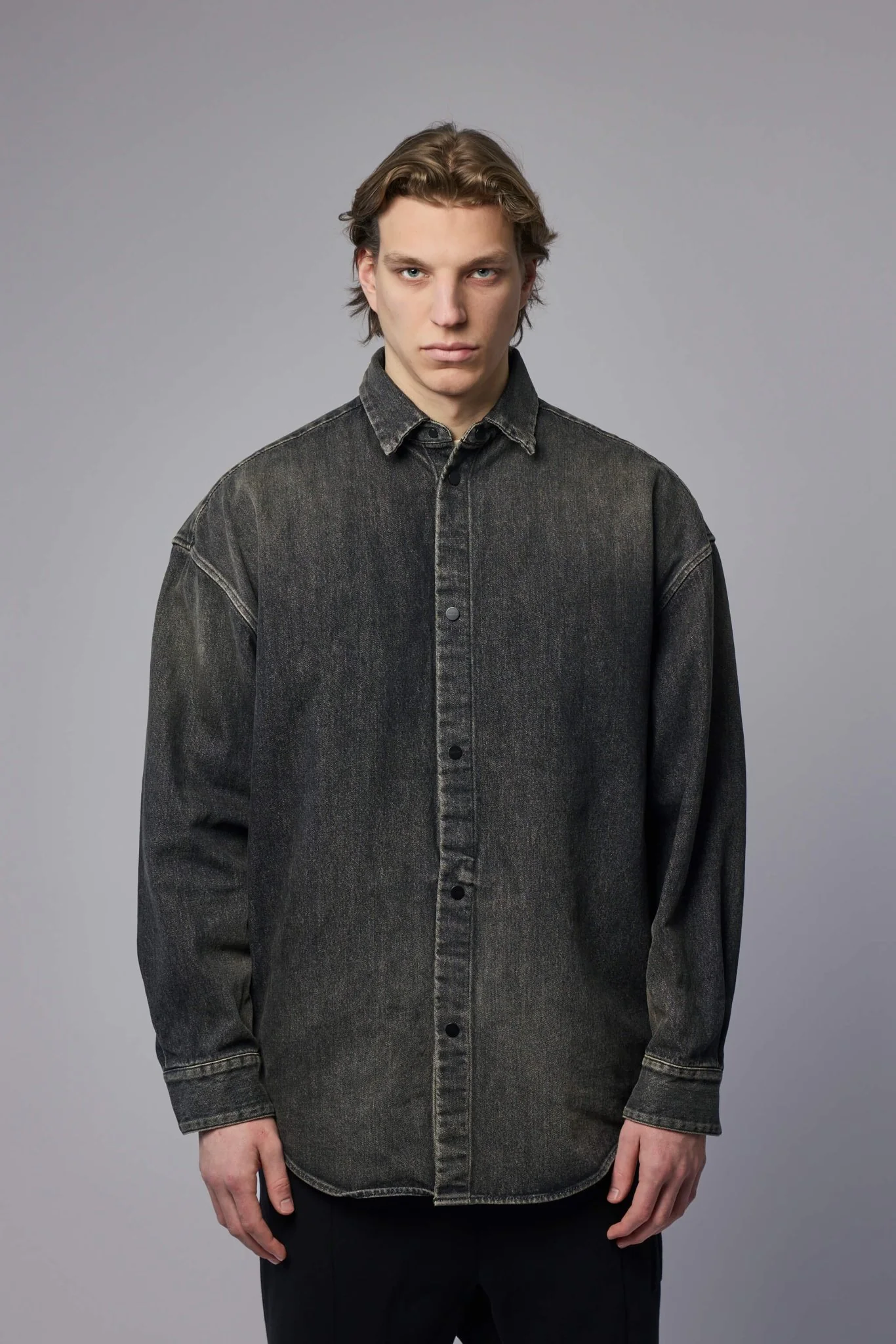 Snap Front Denim Overshirt Worn - Image 2