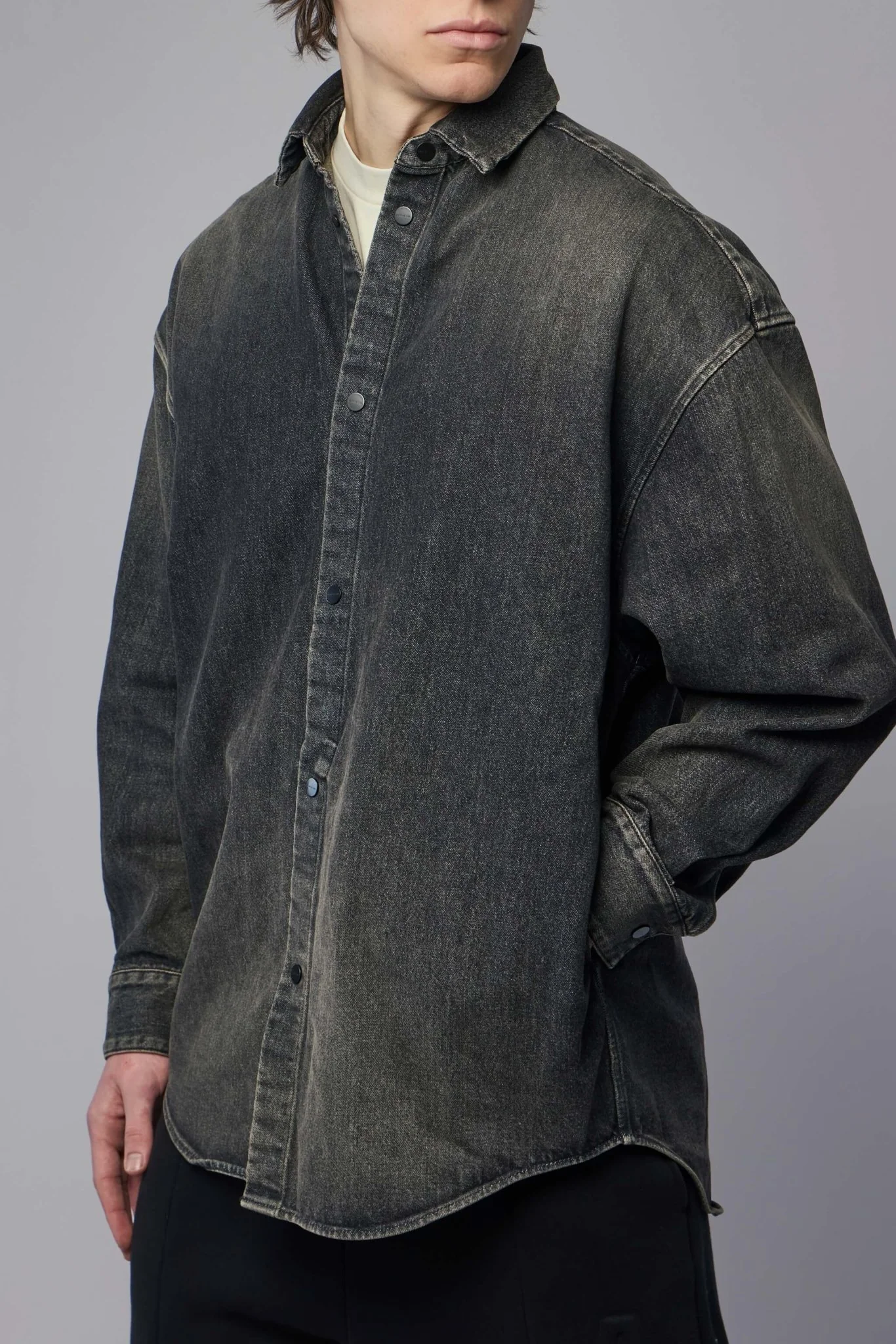 Snap Front Denim Overshirt Worn - Image 3