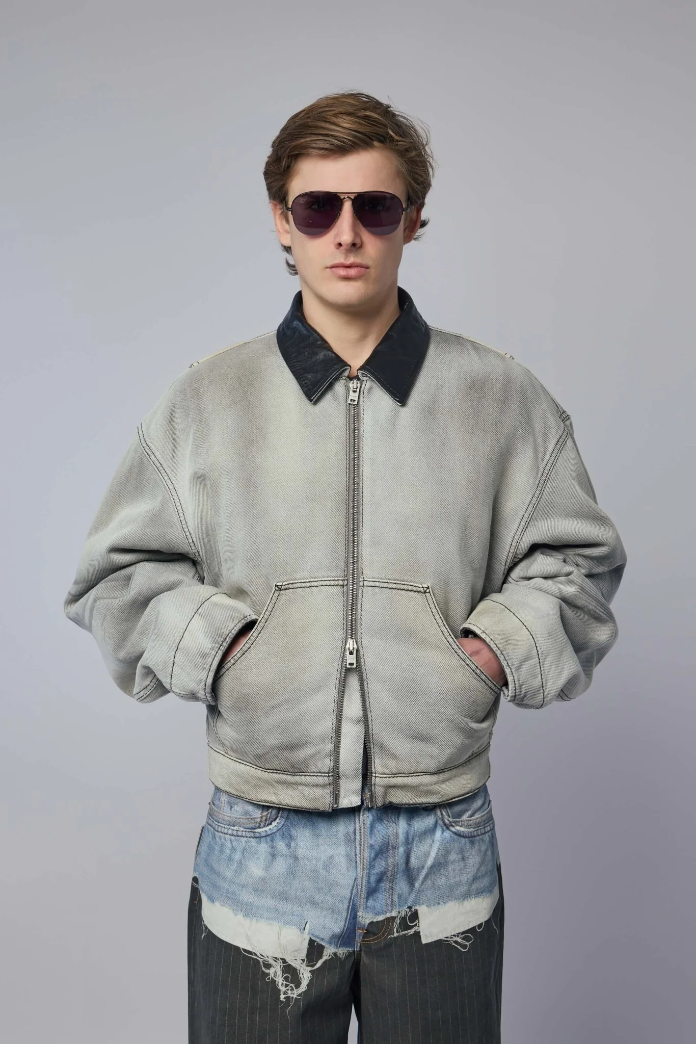 Faded Denim Bomber Jacket