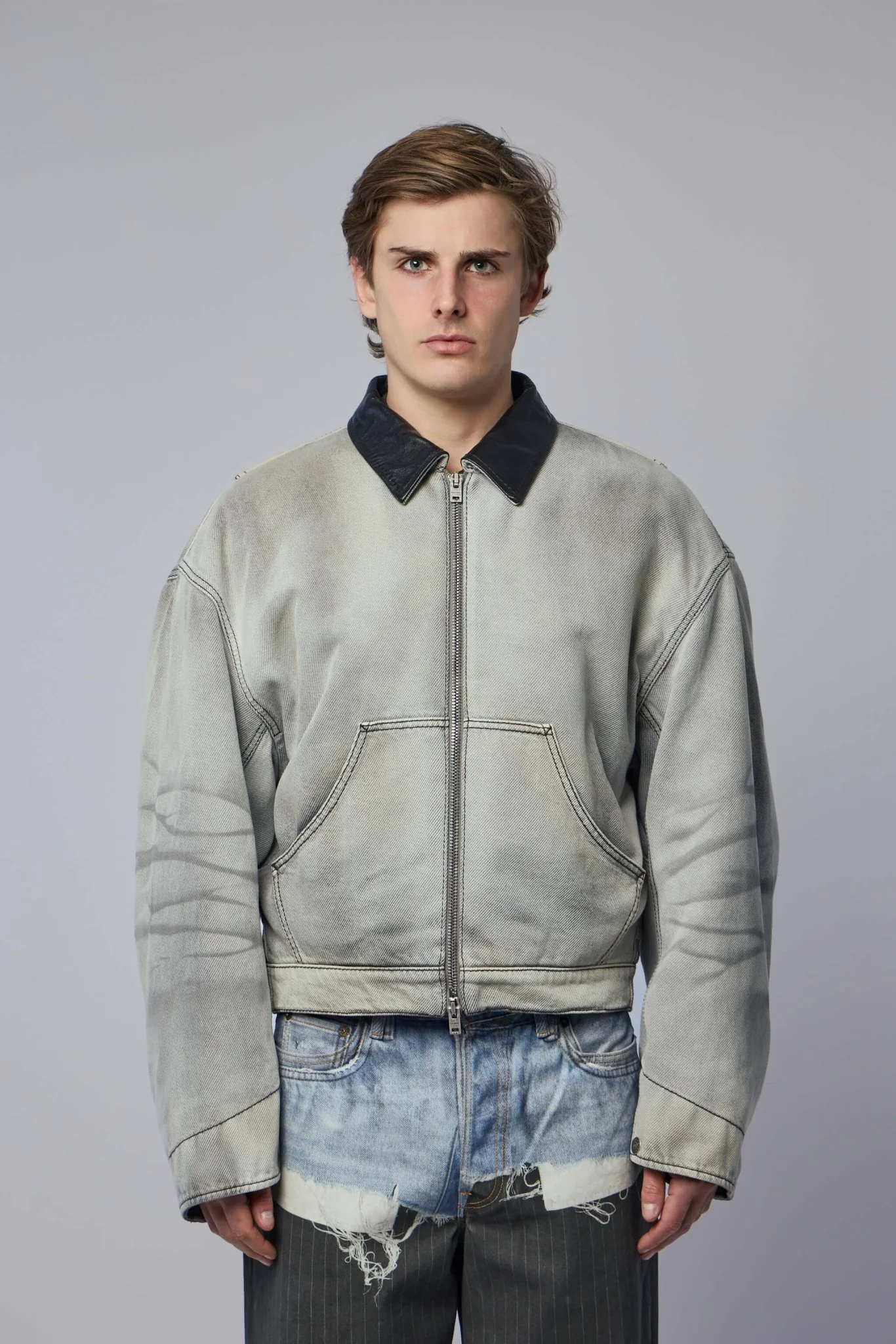 Faded Denim Bomber Jacket - Image 2
