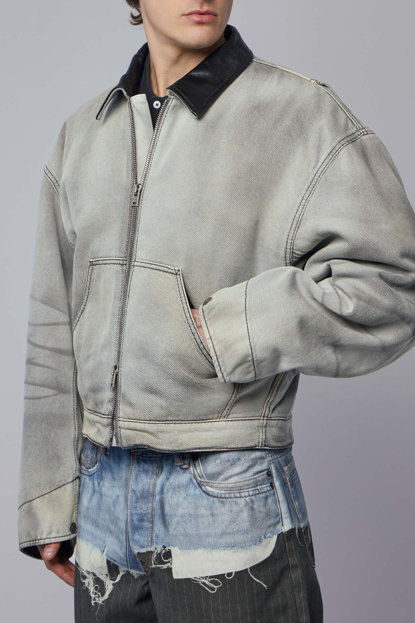 Faded Denim Bomber Jacket - Image 3