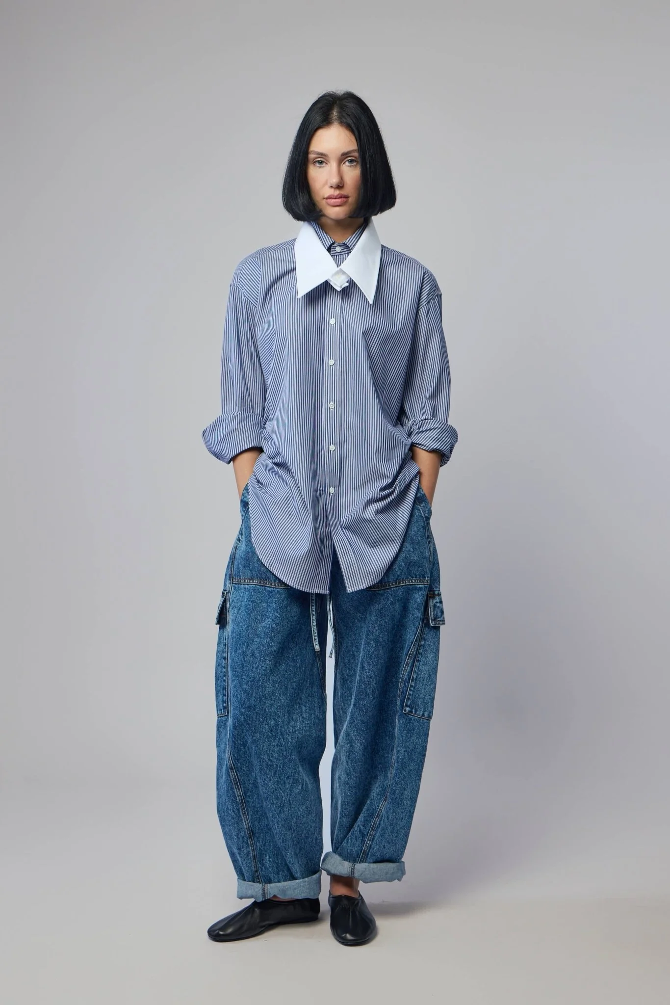 Women Striped Fly Away Collar Button Down Woven - Image 6